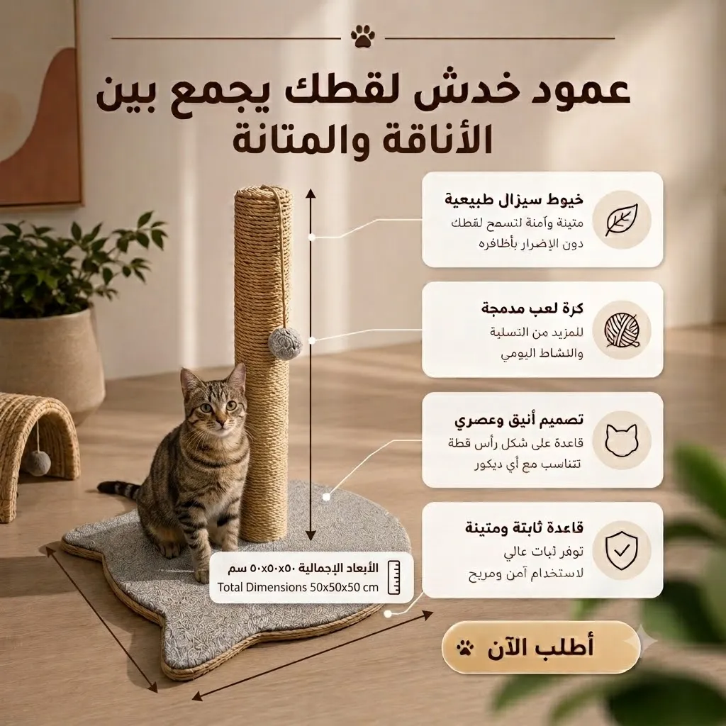 عمود خدش للقطط بتصميم رأس قطة وقاعدة قماشية طبيعية